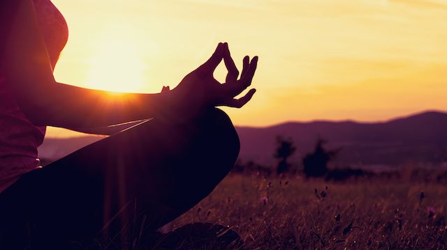 Young athletic woman practicing yoga on a meadow at sunset, silhouette