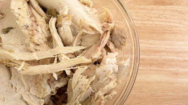 Chunks of turkey in bowl on counter top