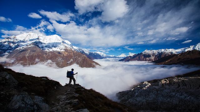 Hiker on the trek in Himalayas, Manaslu region, Nepal